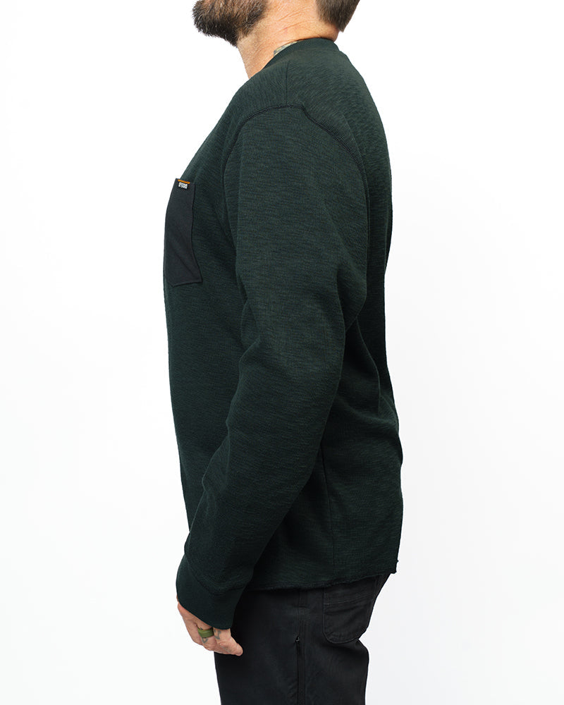 Off The Grid Surplus Draper Henley in vintage black, long-sleeve shirt with buttoned neckline and casual fit.