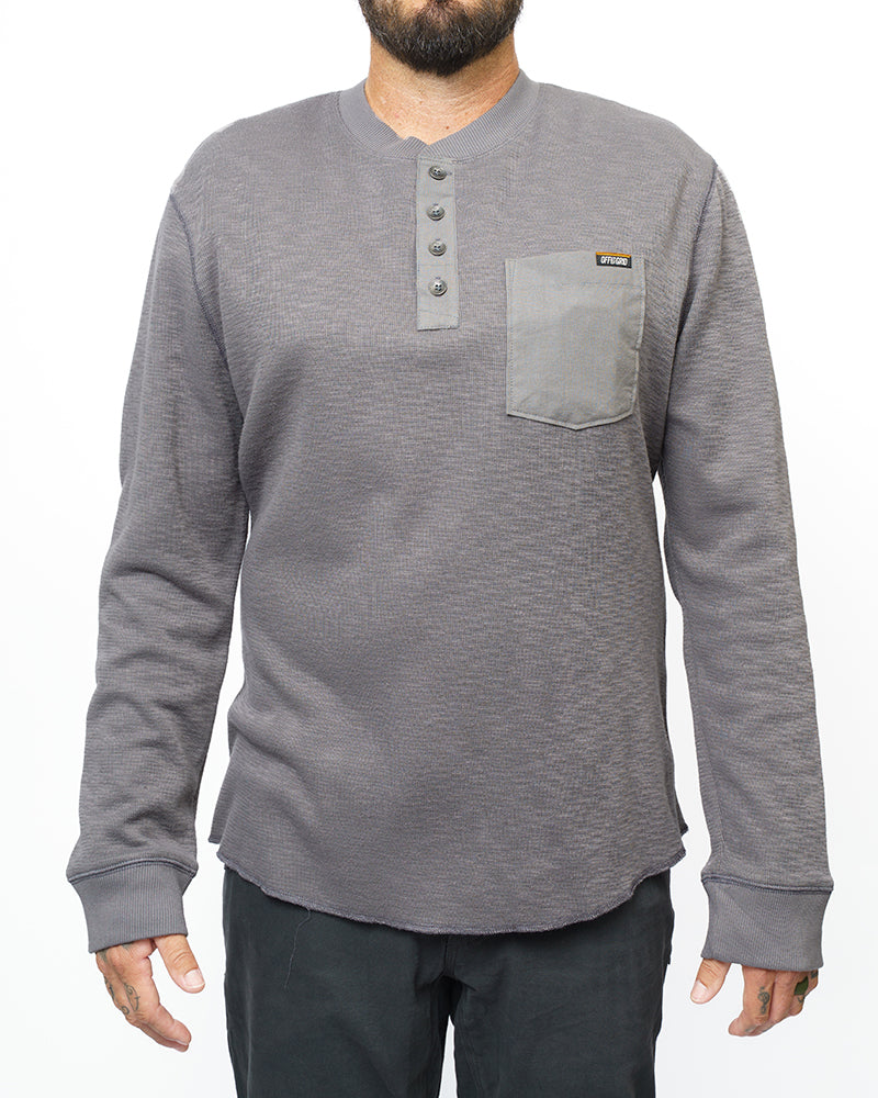 Off The Grid Surplus Draper Henley shirt in Castlerock color, long-sleeve casual shirt with button neckline and rugged fabric.