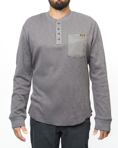 Off The Grid Surplus Draper Henley shirt in Castlerock color, long-sleeve casual shirt with button neckline and rugged fabric.