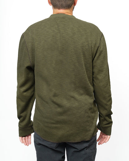 Dark olive Draper Henley long-sleeve shirt by Off The Grid Surplus, featuring a Henley neckline and casual fit.