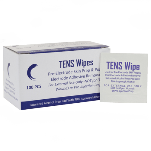 iReliev TENS Prep Wipes, accessories for pain relief, shown in transparent packaging with wipes ready for use.
