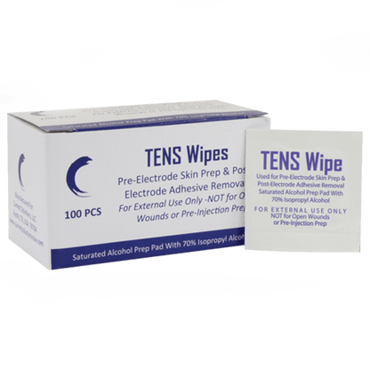 iReliev TENS Prep Wipes, accessories for pain relief, shown in transparent packaging with wipes ready for use.