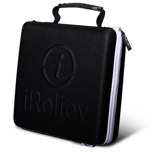 iReliev hard protective carry case for wireless TENS EMS device, durable accessory with transparent design.