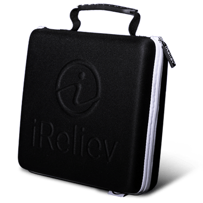 iReliev hard protective carry case for wireless TENS EMS device, durable accessory with transparent design.