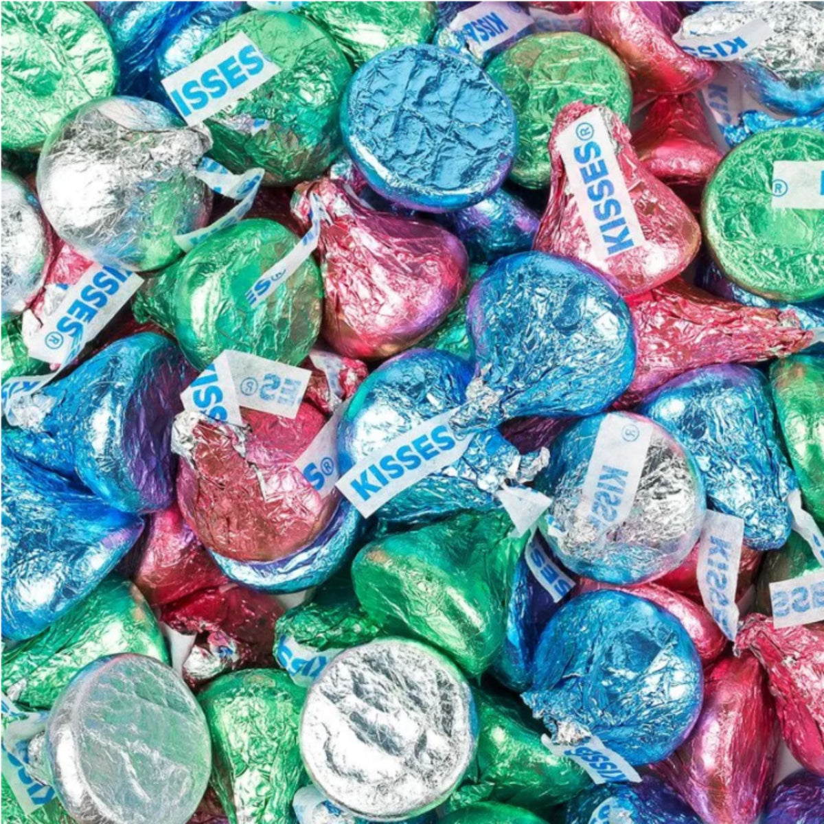 Hershey's Kisses Milk Chocolate Easter foils in a bulk Candy In Bulk package, with shiny foil wrappers and classic Kiss shape.
