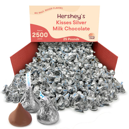 Silver foil Hershey's Kisses milk chocolates in a bulk Candy In Bulk bag, featuring individually wrapped milk chocolate candies.