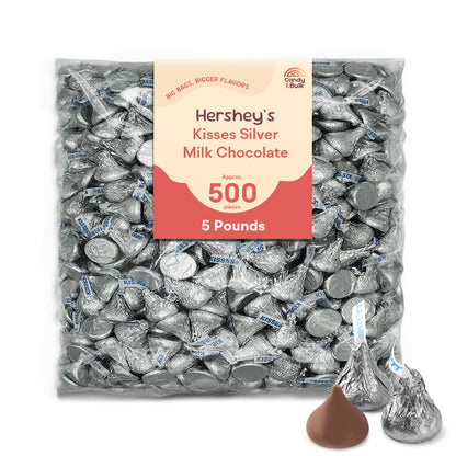 Silver foil Hershey's Kisses milk chocolate candies in a 5-pound bulk bag, featuring the Candy In Bulk brand.