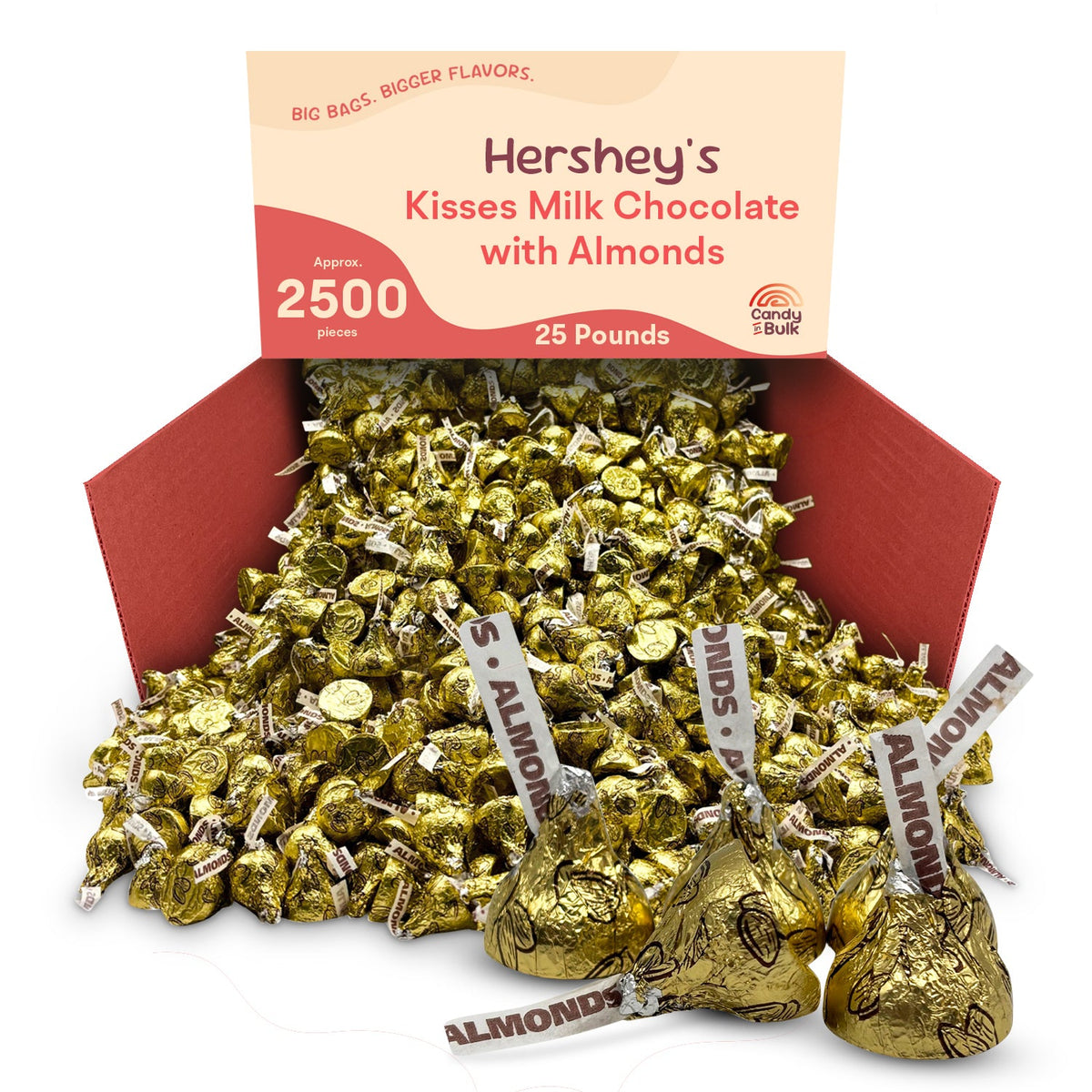 Hershey's Kisses milk chocolate with almonds in a bulk Candy In Bulk value bag, showcasing shiny foil-wrapped chocolates with almonds.