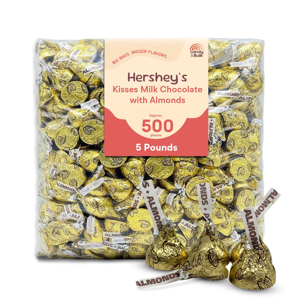 Hershey's Kisses milk chocolate with almonds in a bulk value bag from Candy In Bulk, showing chocolates with almond pieces on the wrapper