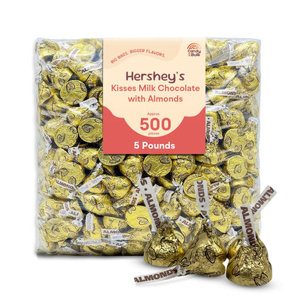 Hershey's Kisses milk chocolate with almonds in a bulk value bag from Candy In Bulk, showing chocolates with almond pieces on the wrapper