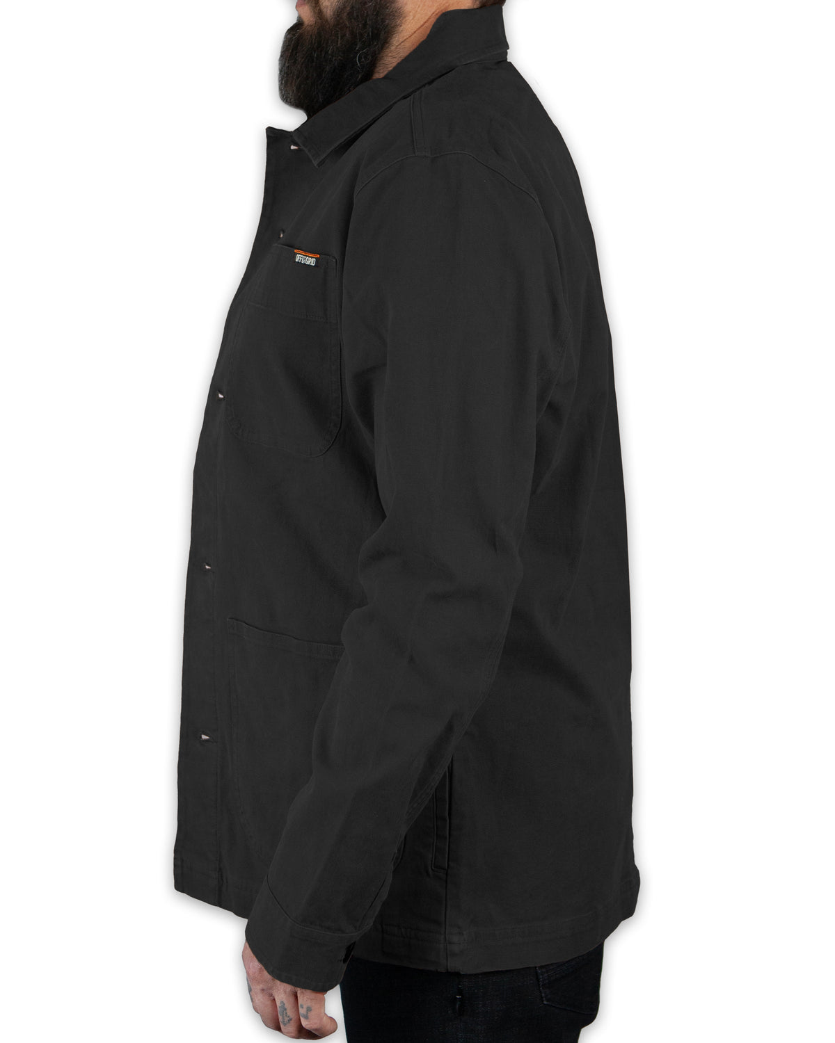 Black Heston Chore Coat by Off The Grid Surplus, a durable work jacket with rugged style and functional design.