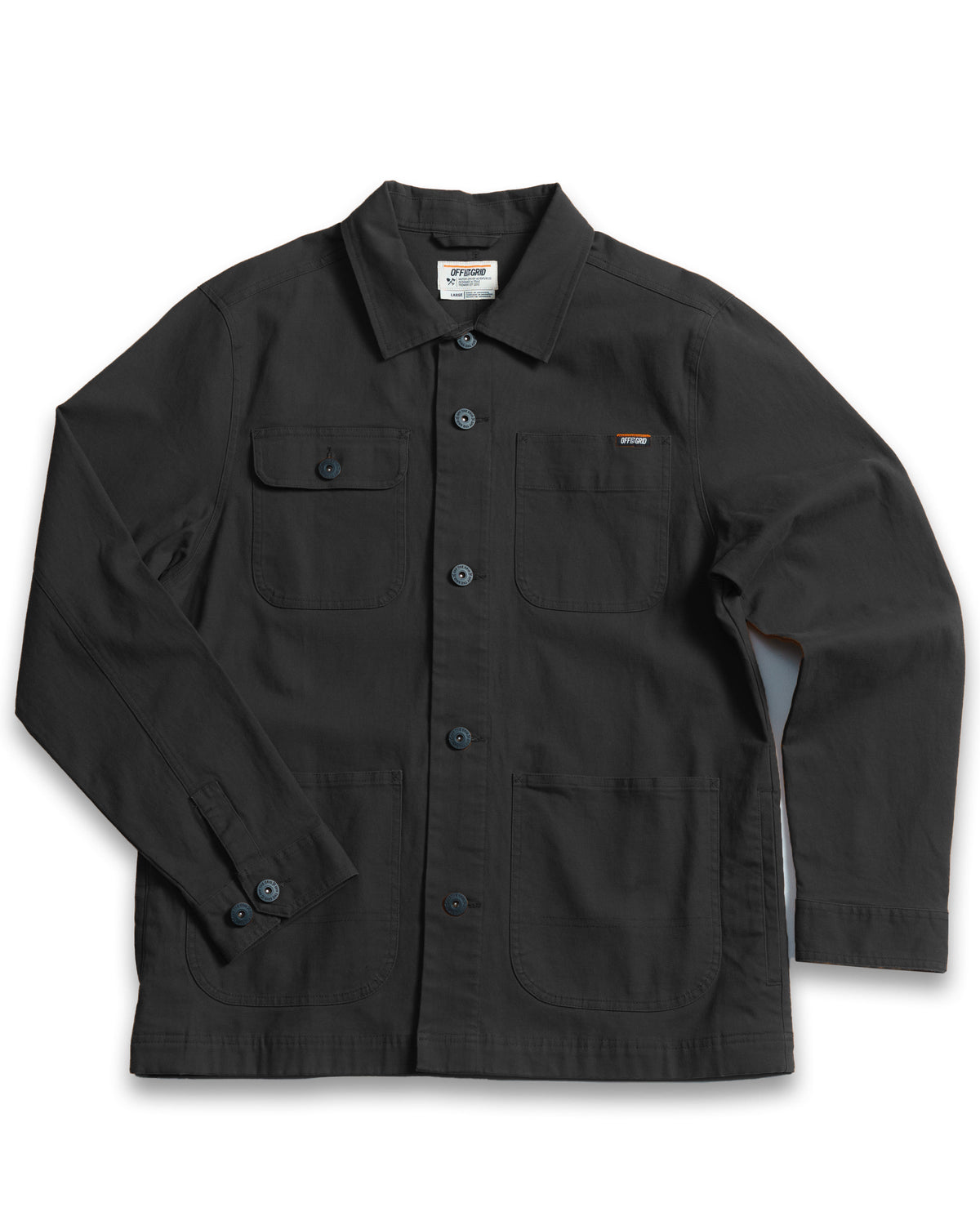 Black Heston Chore Coat jacket by Off The Grid Surplus featuring durable fabric and classic workwear design.