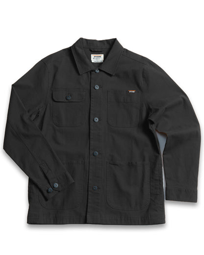 Black Heston Chore Coat jacket by Off The Grid Surplus featuring durable fabric and classic workwear design.