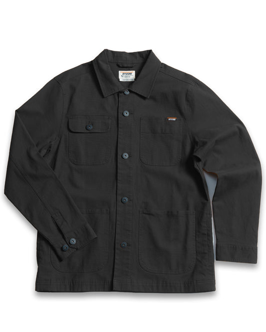 Black Heston Chore Coat jacket by Off The Grid Surplus featuring durable fabric and classic workwear design.