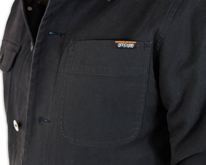 Black Heston Chore Coat jacket by Off The Grid Surplus, featuring durable fabric and classic workwear style.