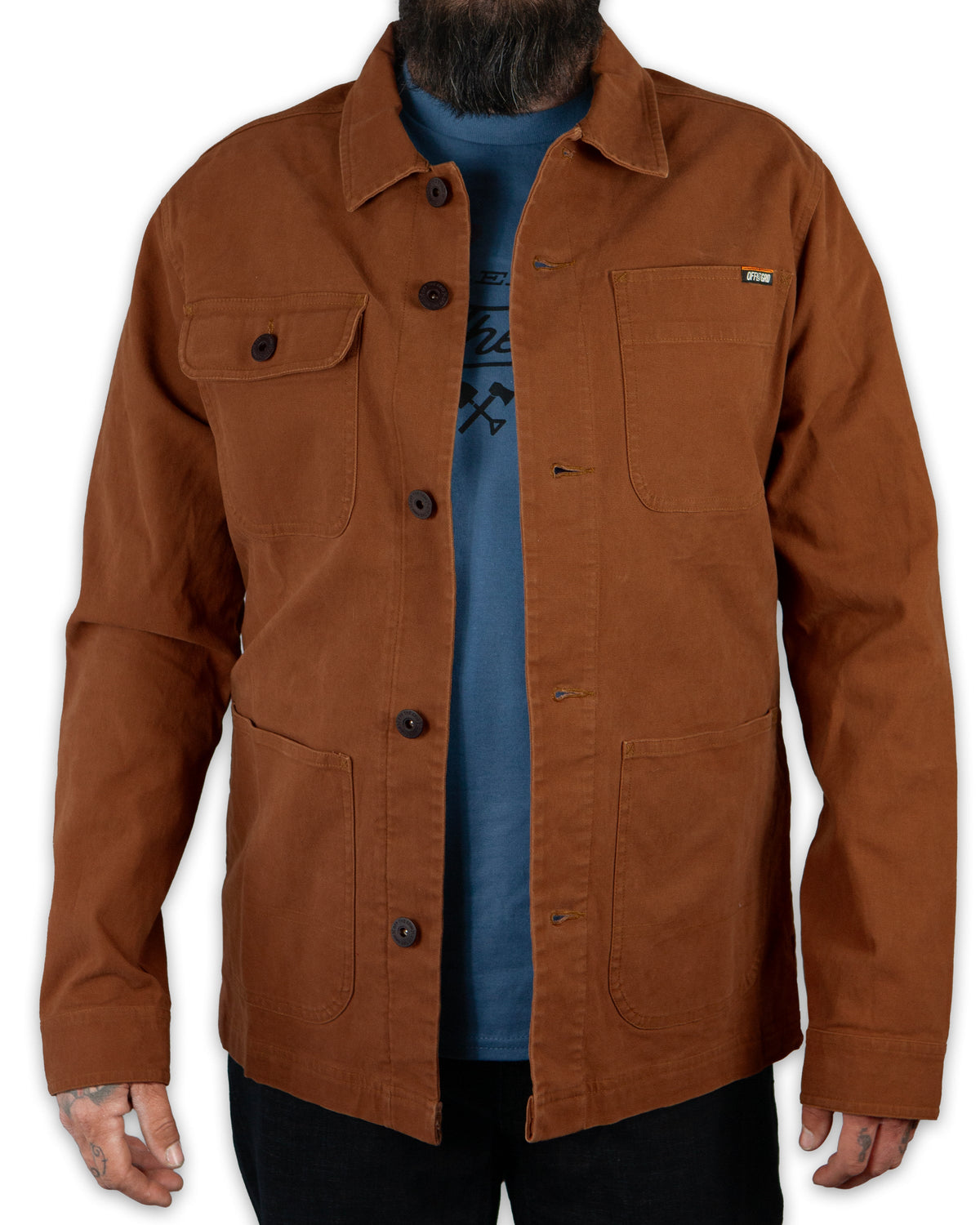Heston Chore Coat by Off The Grid Surplus in tobacco color, featuring durable fabric and classic workwear style.