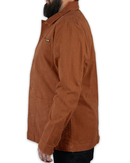 Heston Chore Coat by Off The Grid Surplus in tobacco color, durable jacket with rugged design and multiple front pockets.