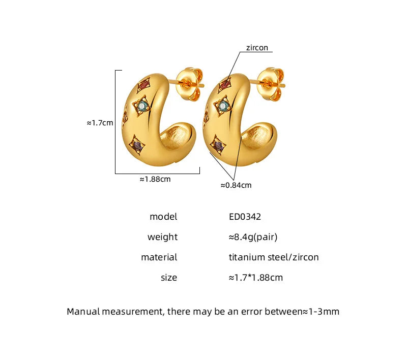 Popular Letter C Shape Earrings Dainty Luxury Colorful Zircon Hoop Earrings Leisure Style Daily Wear Woman Fashion Gold Jewelry