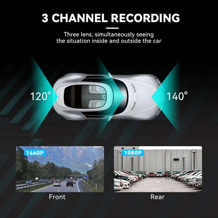 Wide Angle 140°+110°+120° Dash Camera 2K+1080p+1080p 3 Lens Multi Car Dvr Recorder Car Camera Black Box with ACC Power Supply