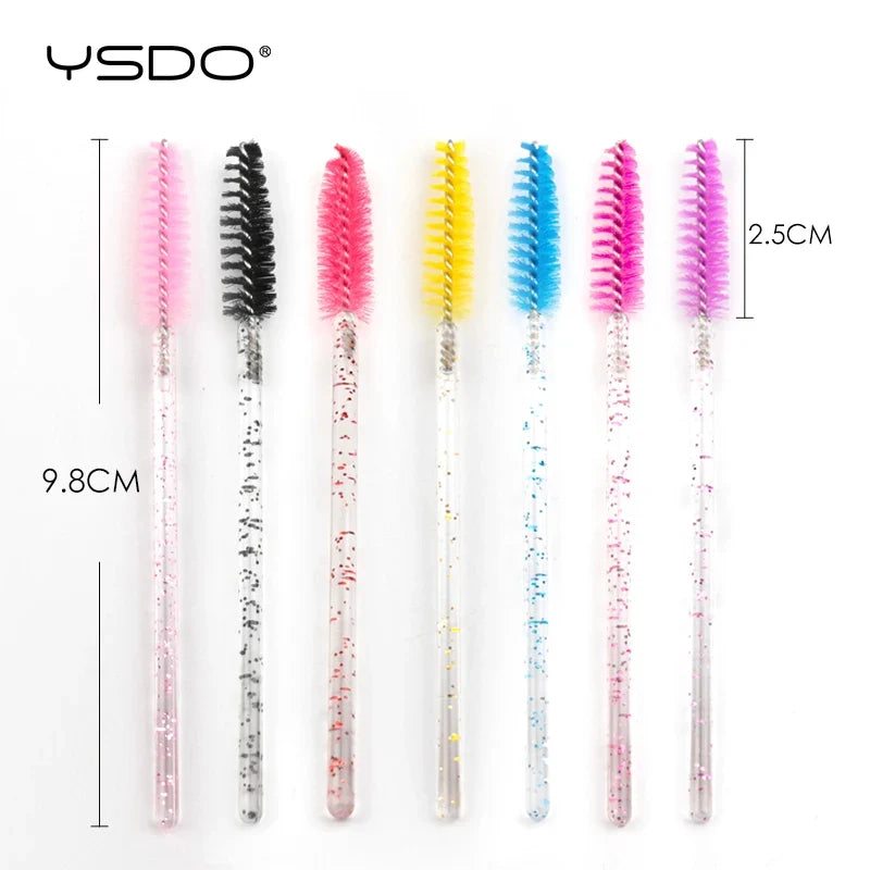 Set of 50 eyelash and eyebrow brushes by Blushimmer, including mascara wands and spoolers for false eyelash extension and makeup application.