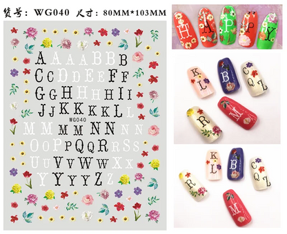 Black Old English font nail art stickers by Blushimmer featuring alphabet letter transfers for gothic nail decoration.