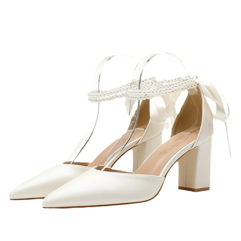 Women's Bridal Wedding High Heel Sandals White Thick Chunky Heel Hard-Wearing for Spring Autumn Summer 43