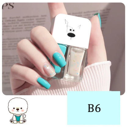 Blushimmer 2-in-1 candy color water-based nail polish with quick-dry, waterproof, and long-lasting finish on nails.
