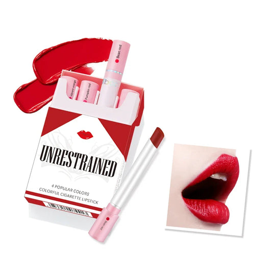 Blushimmer waterproof lipstick set featuring four long-lasting matte lipsticks with transparent finish, ideal for Valentine's Day gift.