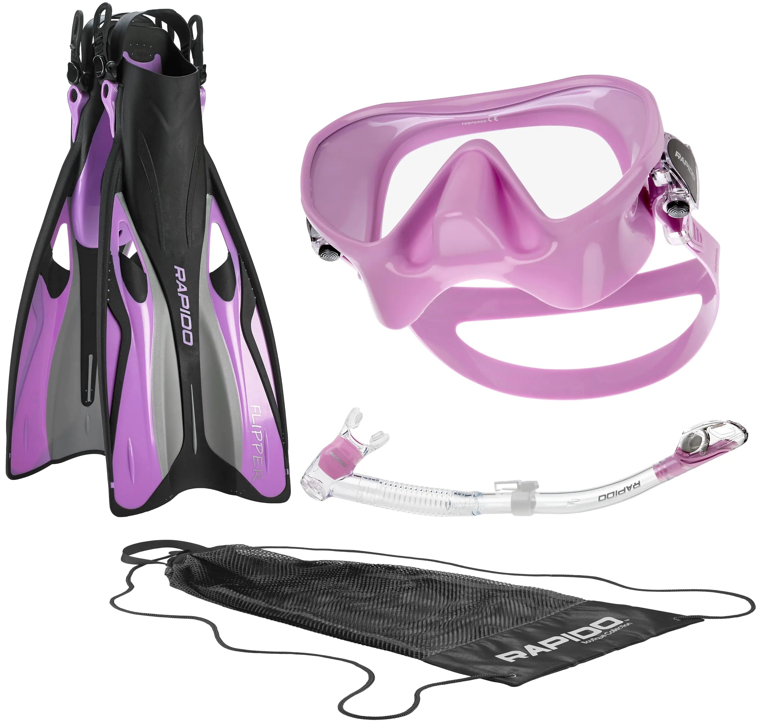 Italian Design Premium Tempered Glass Lens Anti-Fog Panoramic View Frameless Snorkel Mask Elite Dry Snorkel Tube Adjustable Fins - Mask Fin Snorkel Set