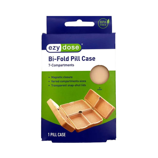 Ezy Dose Bi-Fold Pill Case with 7 compartments, compact travel pill organizer in a high-resolution front view.