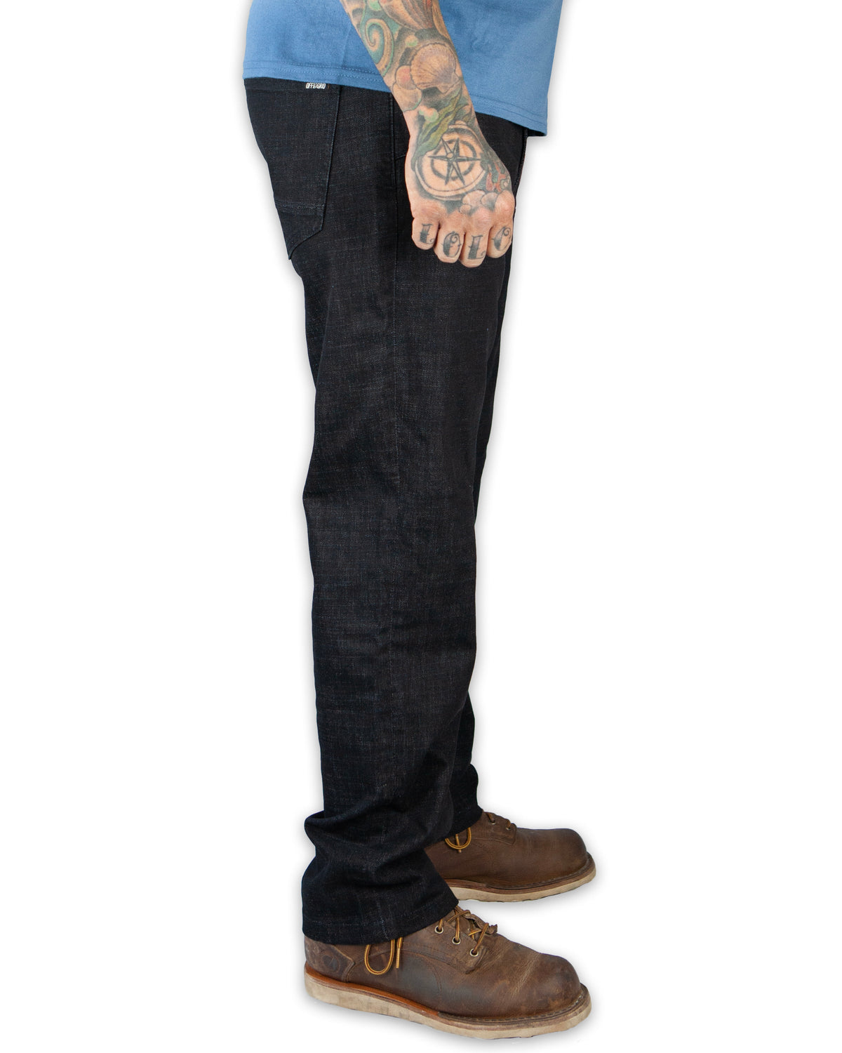 Black Hideout Denim Standard Fit pants by Off The Grid Surplus, showing the slim-fit design and classic denim texture.