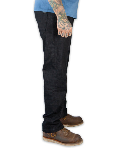 Black Hideout Denim Standard Fit pants by Off The Grid Surplus, showing the slim-fit design and classic denim texture.