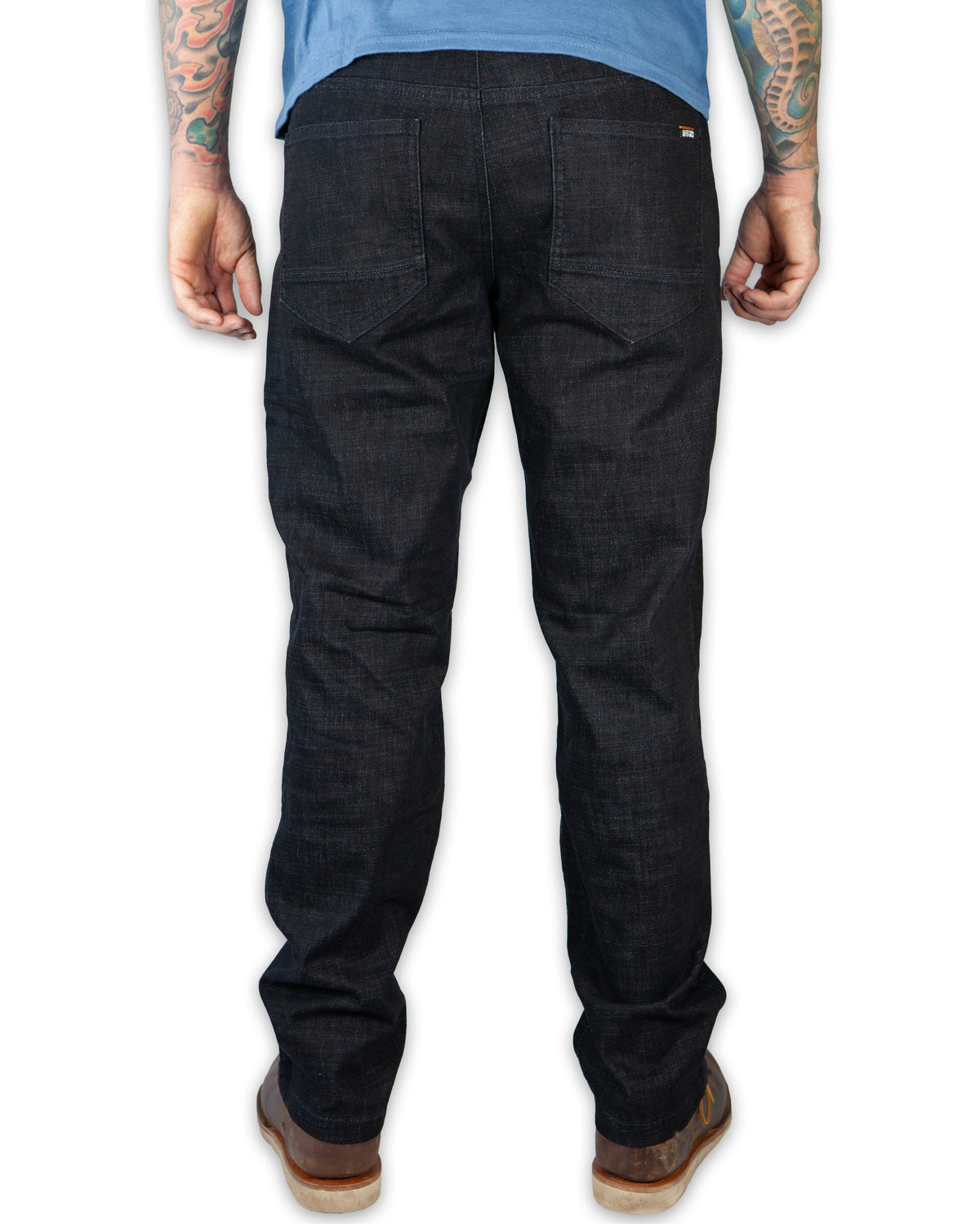 Black Hideout Denim Standard Fit pants by Off The Grid Surplus, showing front view with classic denim texture and stitching.