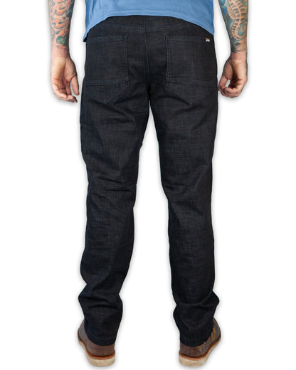 Black Hideout Denim Standard Fit pants by Off The Grid Surplus, showing front view with classic denim texture and stitching.