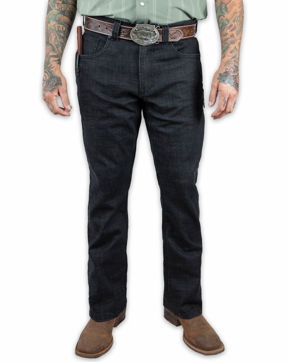 Black denim boot cut pants from Off The Grid Surplus's Hideout collection, displayed on a model.