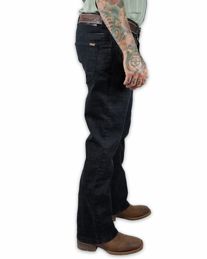 Black denim boot cut pants from Off The Grid Surplus's Hideout collection, featuring a classic fit and stylish design.