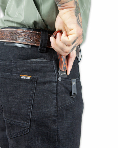 Black denim boot cut pants by Off The Grid Surplus, featuring a classic fit and stylish design on a clean background.