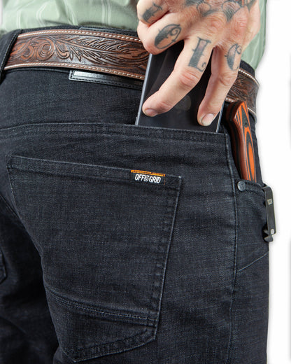 Black denim boot cut pants from Off The Grid Surplus, featuring a classic fit and stylish design.