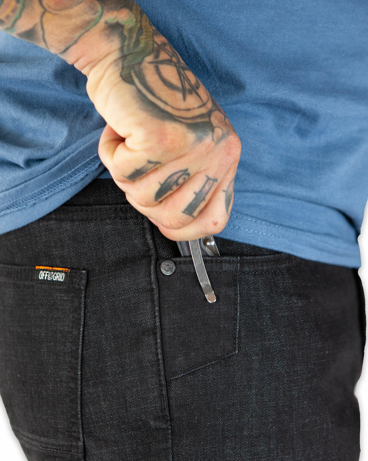 Black denim taper fit pants from Off The Grid Surplus's Hideout collection, featuring a stylish and comfortable design.