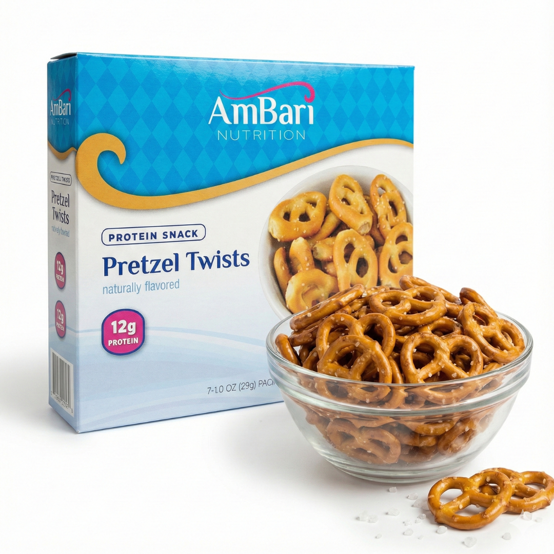 AmBari Nutrition high-fiber, protein pretzels in a snack bag, showcasing crunchy, golden pretzels ideal for healthy snacking.