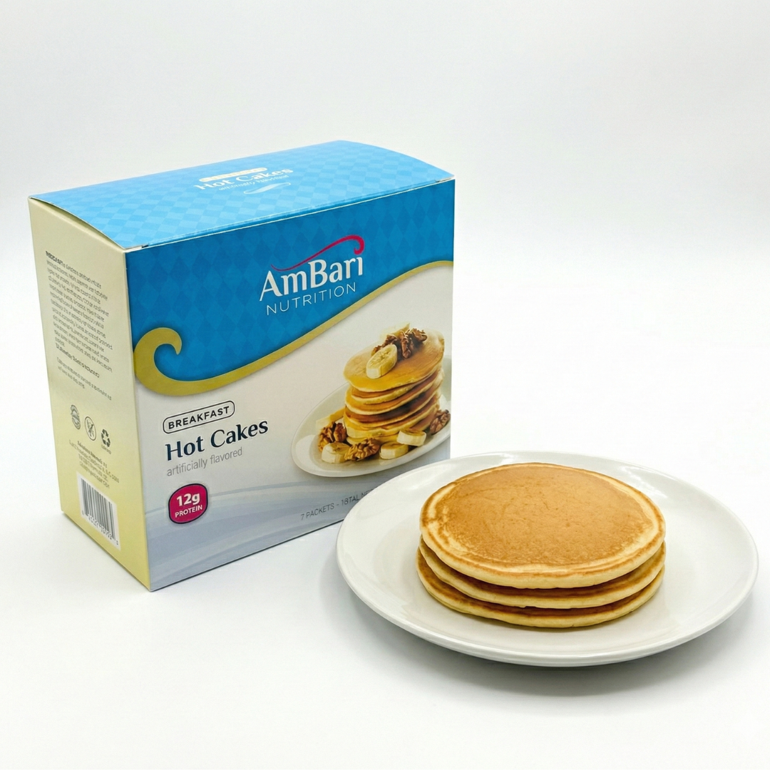 High-protein AmBari Nutrition pancakes stacked on a plate, showcasing fluffy hot cakes with syrup and toppings.