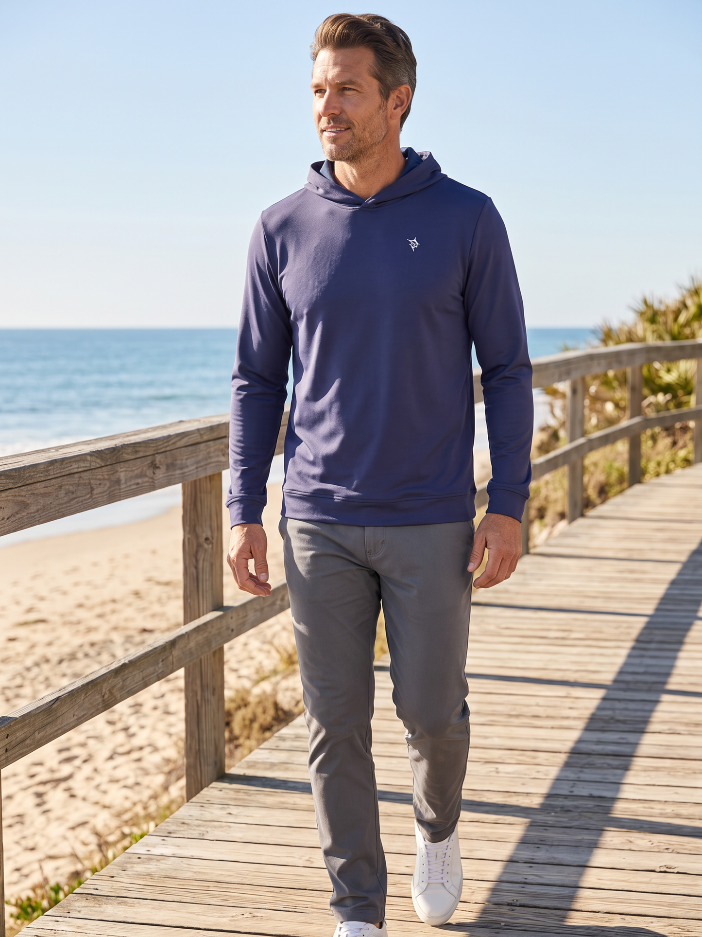 Navy Hillside Performance Hoodie by White Water Life, featuring a comfortable fit and casual style for outdoor activities.
