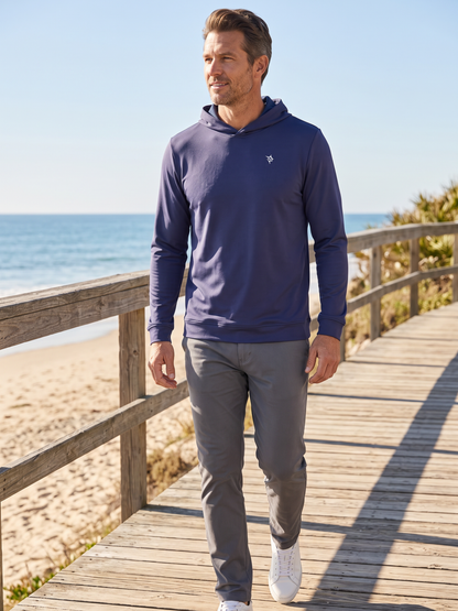 Navy Hillside Performance Hoodie by White Water Life, featuring a comfortable fit and casual style for outdoor activities.