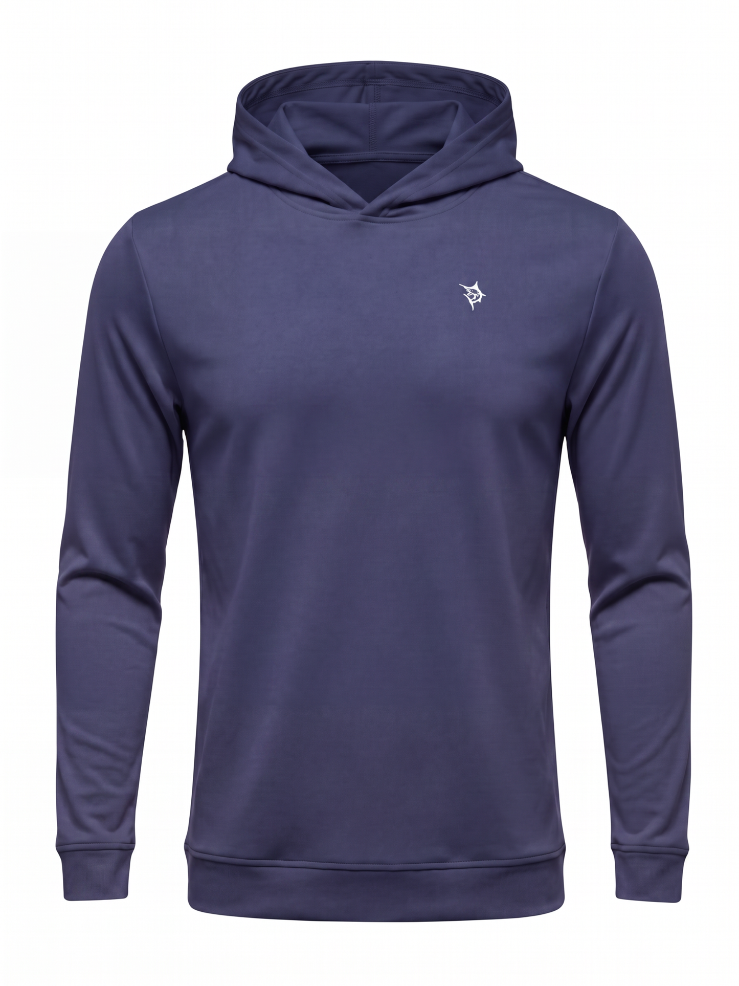 Navy Hillside Performance Hoodie by White Water Life, showing the casual fit and soft fabric texture on a plain background.