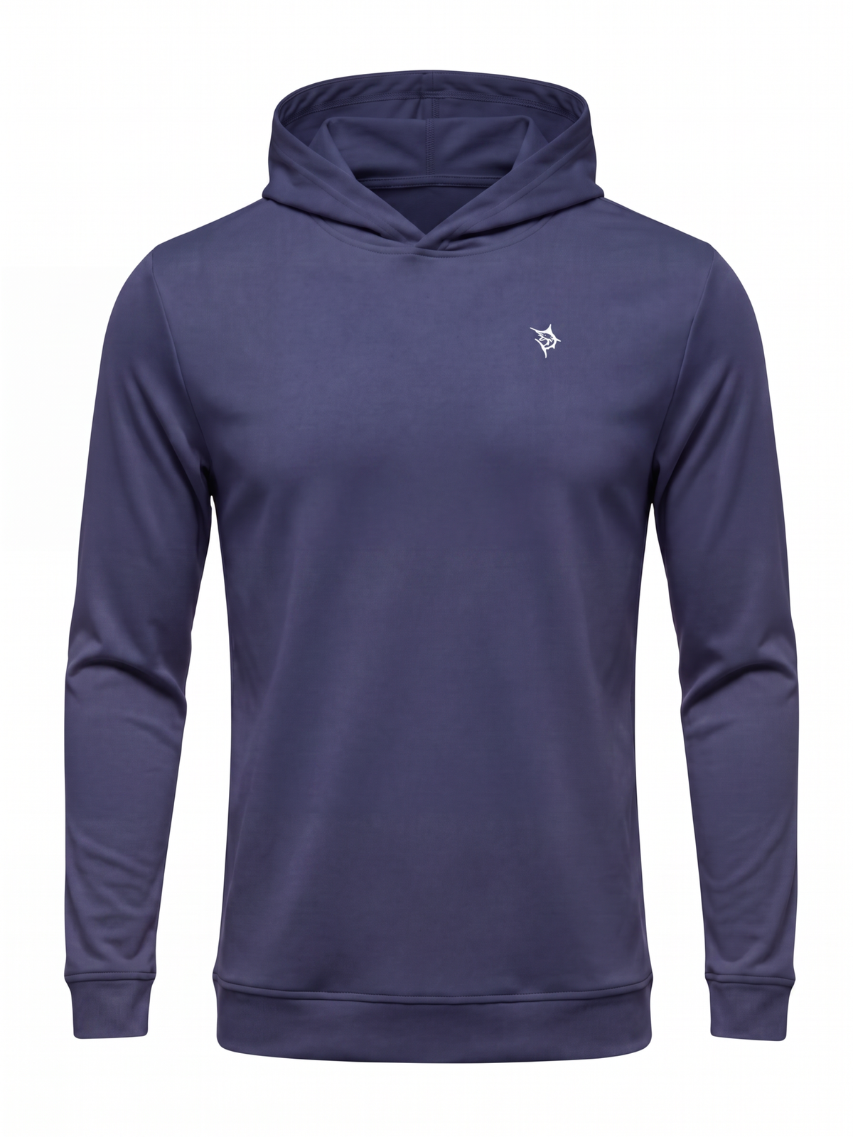 Navy Hillside Performance Hoodie by White Water Life, showing the casual fit and soft fabric texture on a plain background.