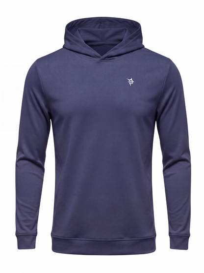 Navy Hillside Performance Hoodie by White Water Life, showing the casual fit and soft fabric texture on a plain background.