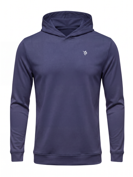 Navy Hillside Performance Hoodie by White Water Life, showing the casual fit and soft fabric texture on a plain background.