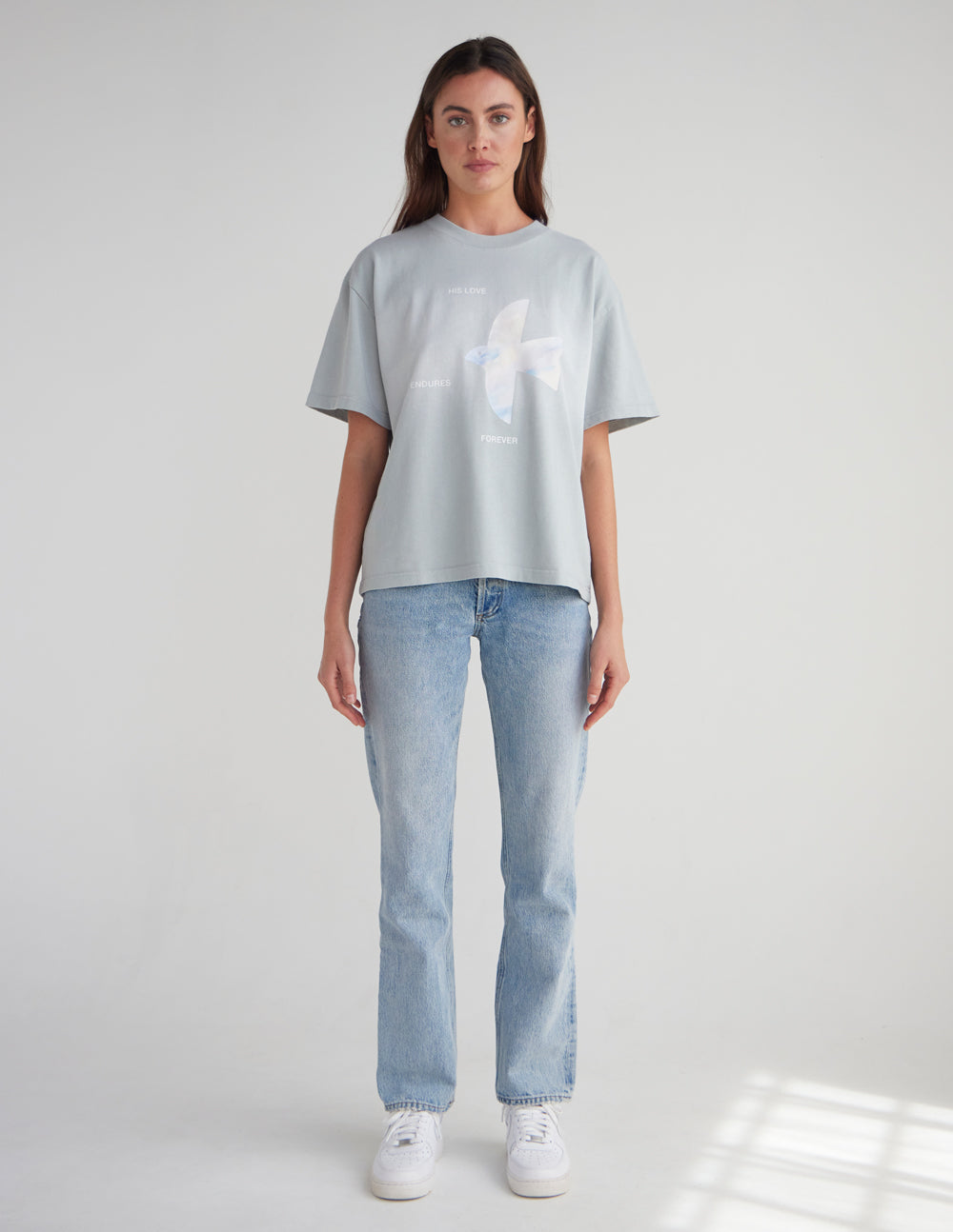 Elevated Faith His Love Endures Forever heavyweight T-shirt featuring a bold graphic design on soft, durable fabric.