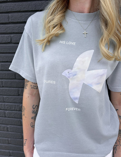 Elevated Faith His Love Endures Forever heavyweight T-shirt featuring a bold front design and comfortable fit.