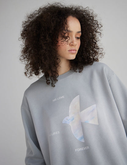 Unisex crewneck sweatshirt with "His Love Endures Forever" message, by Elevated Faith, displayed on a neutral background.
